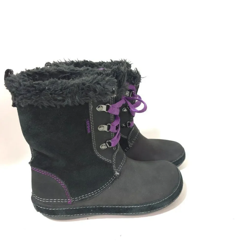 Crocs Women’s AllCast Luxe Faux Fur Winter Boots Black Purple Size 7